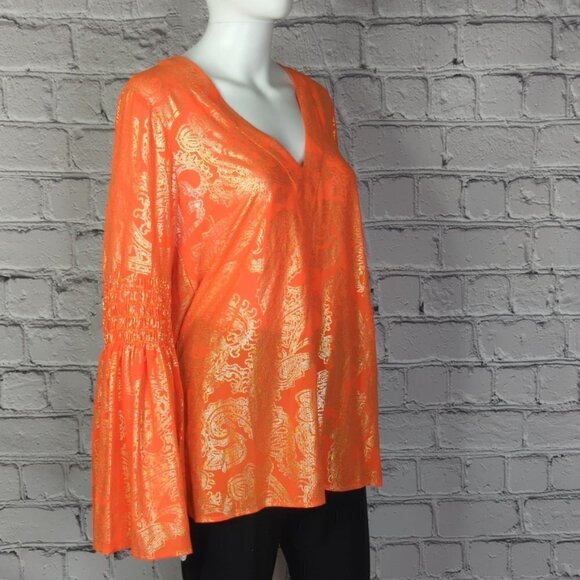 MICHAEL KORS Poppy Gold SAMARA Bell Sleeve V Neck Blouse, Women's Small - Picture 3 of 12